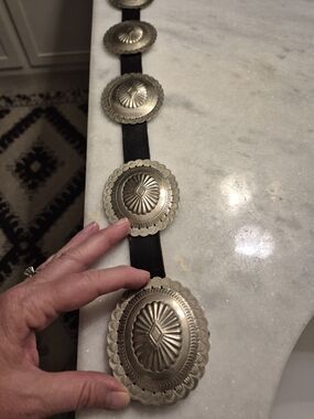 Silver Concho Leather Belt - Black Leather Western Style